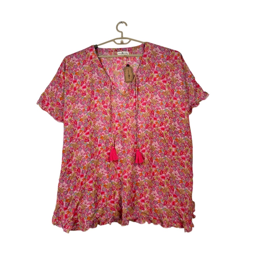 NWT Natural Life Womens Pink Floral Boho Tassel Ruffle Rayon Top Cover Up L/XL
